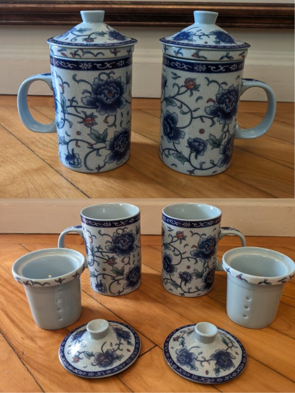 Pair of Chinese Porcelain Tea Infuser Mugs 3-Piece Lidded Blue White Peony Set
